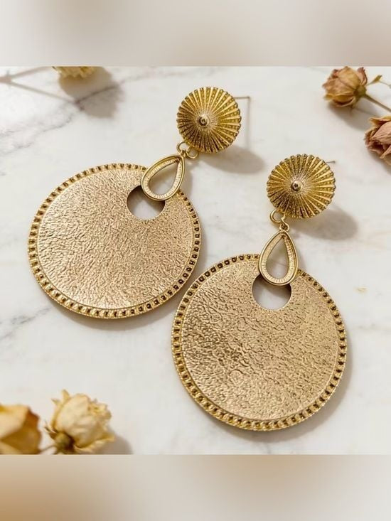 Textured Gold Drop Circle Earrings for Women