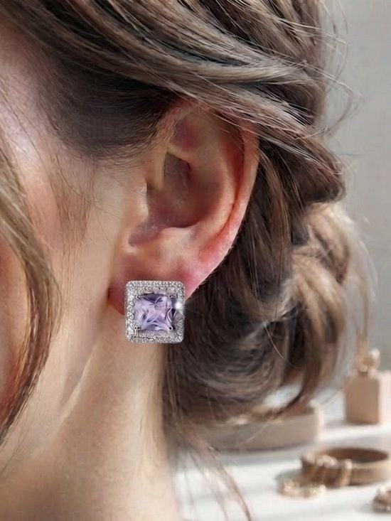 Unisex Square Halo Cubic Zirconia Stud Earrings - Silver Tone
