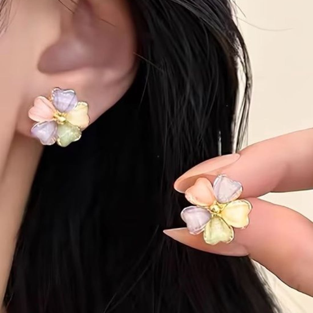 Pastel Multicolor Fold Trim Floral Cluster Stud Earrings
