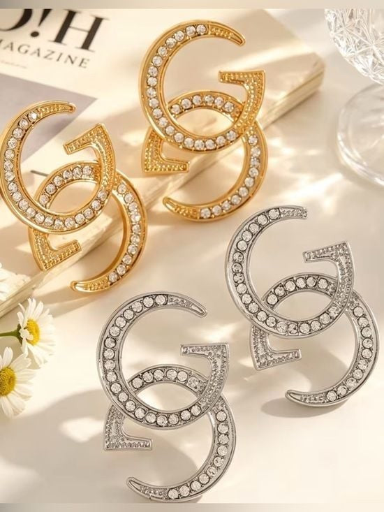 Crystal-Encrusted Double-G Style Stud Earrings in Silver
