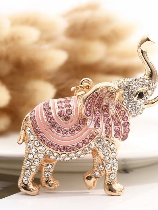 Rose Gold Pink Crystal Elephant Keychain Key & Card Holder Charm