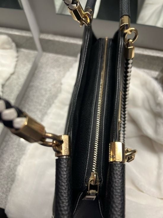 bebe Black Handbag with Black and White Braided Handles & Gold Hardware