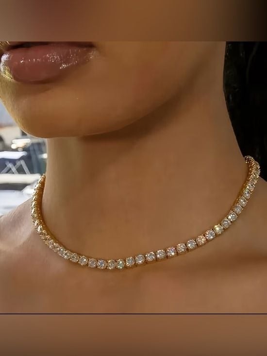 Gold Crystal Tennis Necklace with Clear Stones - Women Jewelry