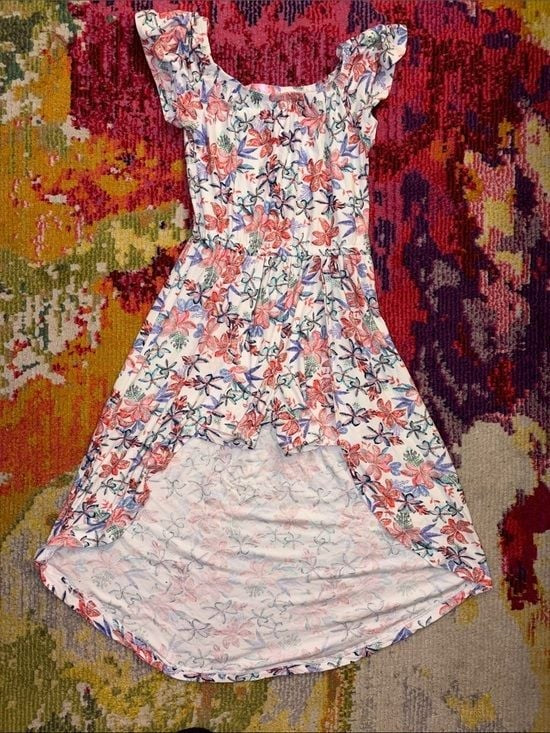 Girls Floral High-Low One-Piece Dress in White with Pink & Blue Flowers