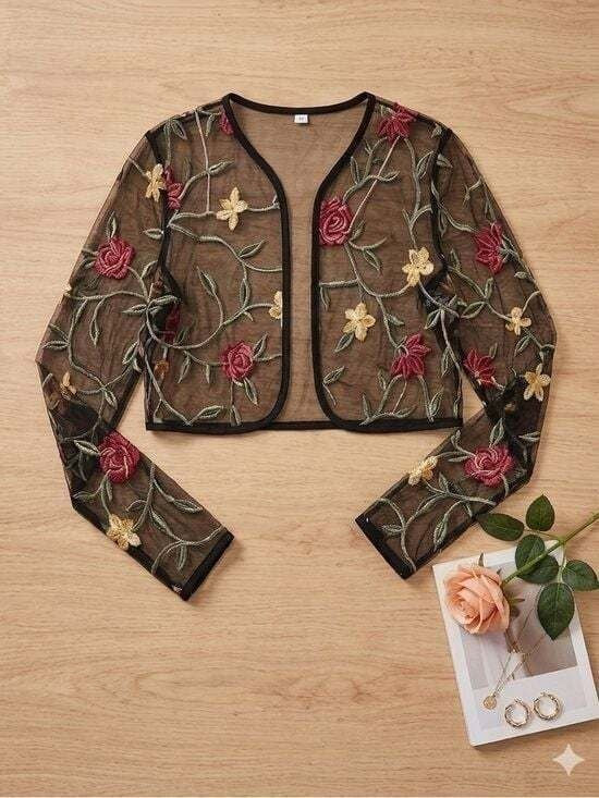 Embroidered Sheer Floral Cropped Cardigan - Black with Red & Gold Flowers Medium