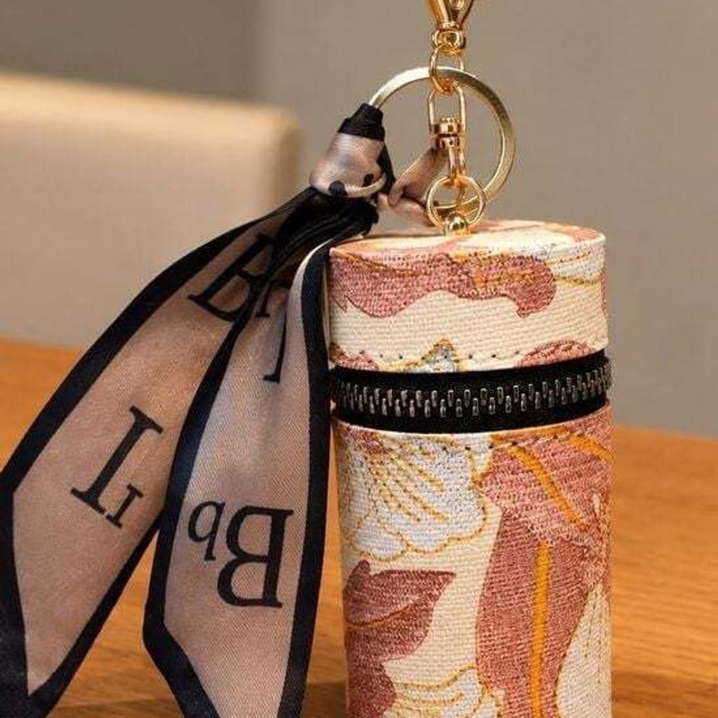 Floral Cylindrical Keychain Pouch with Scarf Accent - Pink & Cream