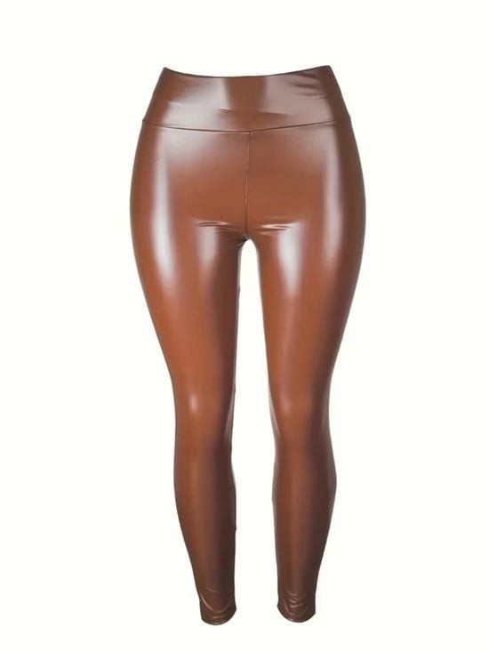 Fitted High Waist Brown Faux Leather Leggings High-Rise Small