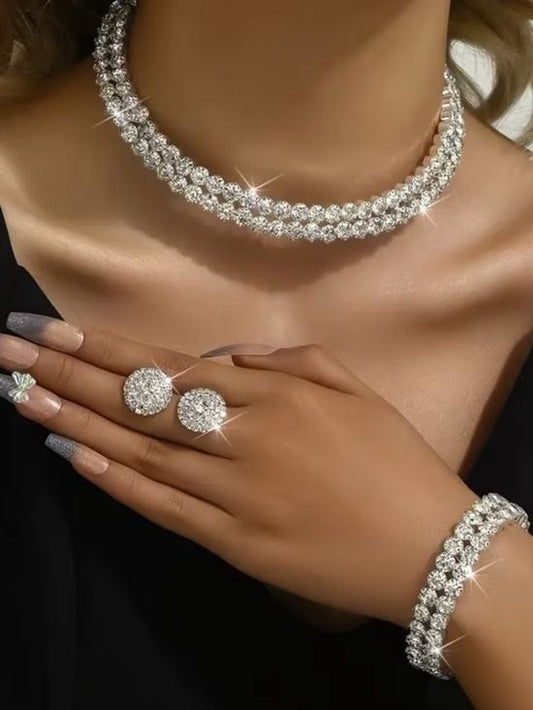 Crystal Pavé Silver-Tone Necklace and Bracelet Set - Elegant White Sparkle