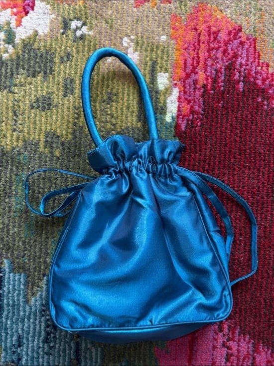Teal Satin Drawstring Floral Embroidered Women's Handbag