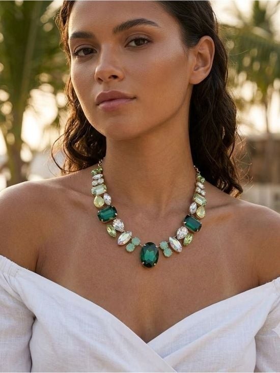 Luxury Emerald Green Crystal Statement Necklace Mixed Cut Collage Collar Gold