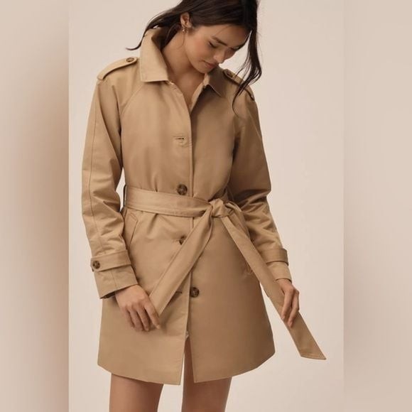 ELLEN TRACY Shirt Khaki Belted Hooded Trench Coat Sz Small