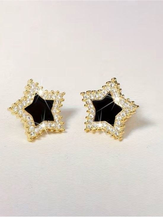 5 Pairs Women's Black Crystal Stud Earring Set with Gold Accent