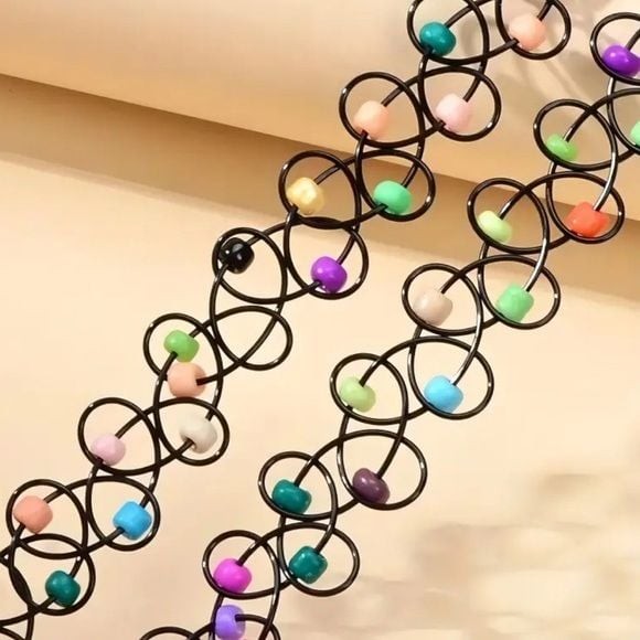 90s Retro Vibe Elastic Black Choker Beaded Colorful Necklace