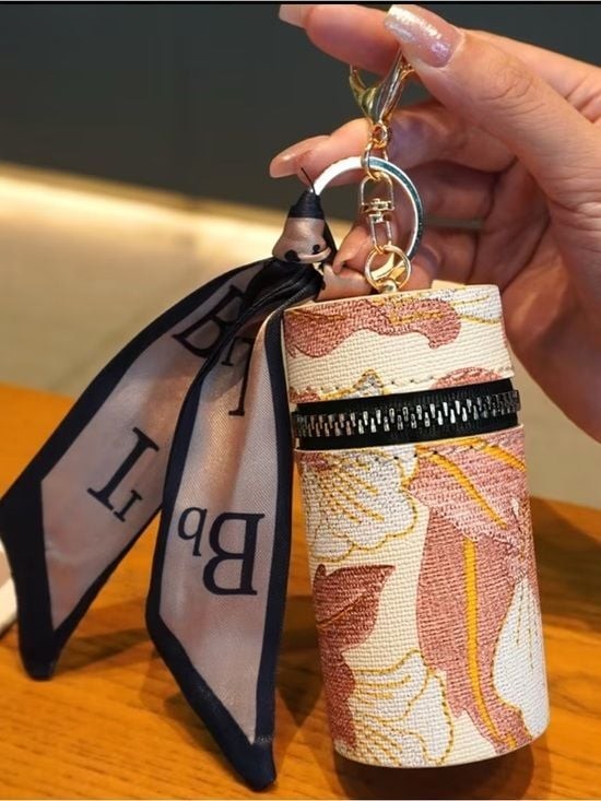 Floral Pink Leather Cylinder Keychain Pouch with Scarf Accent