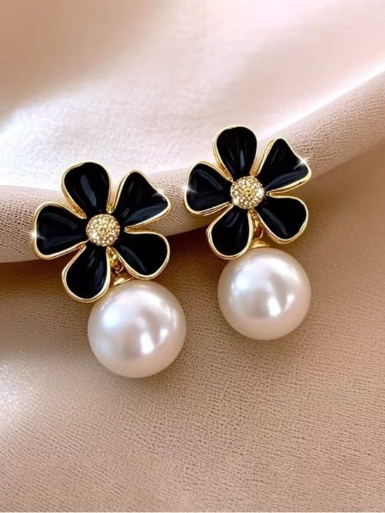 Black Flower Bead Stud Earrings with Pearl Drop - Gold Accent