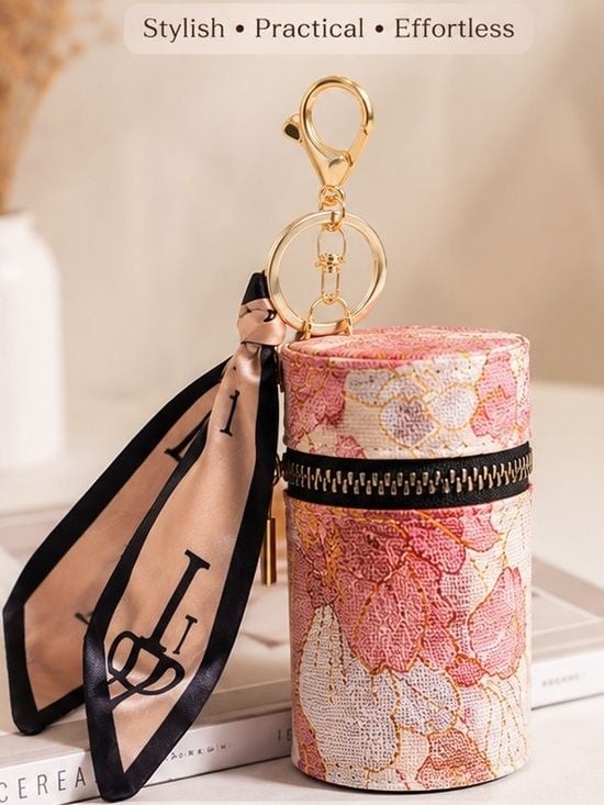 Pink Gold Cylinder Zipper Keychain Pouch Coin Purse Keychain