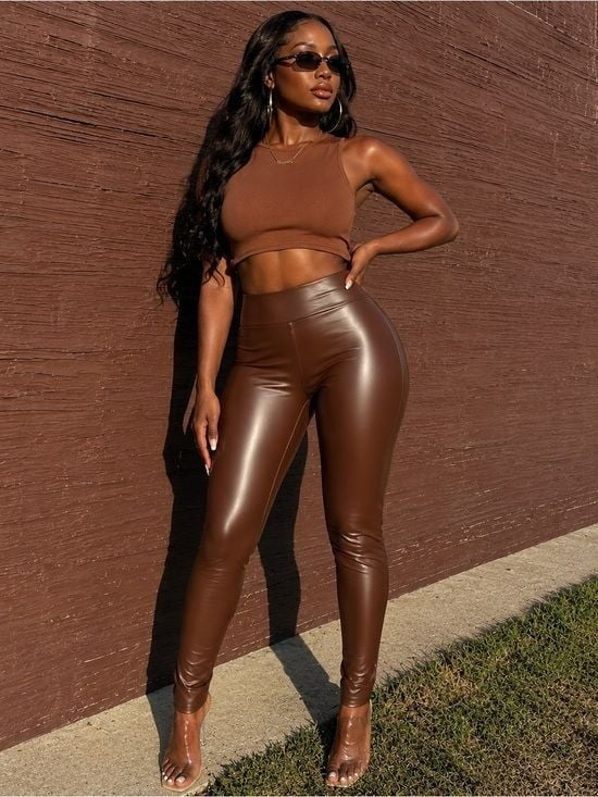 Fitted High Waist Brown Faux Leather Leggings High-Rise Small