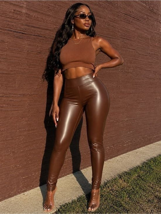 Fitted High Waist Brown Faux Leather Leggings High-Rise Small