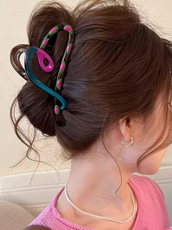 1 x Brown Hair Claw Clip with Pink & Green Accents - Women’s Hair Accessory