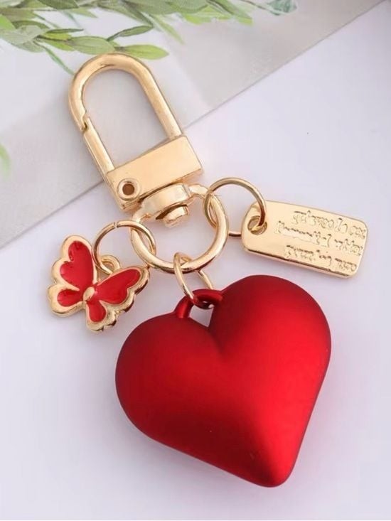 High Quality Gold-Tone Key & Card Holder Charm with Red Heart and Butterfly