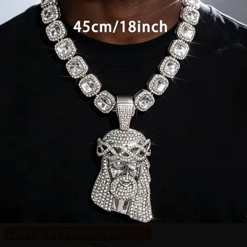 Iced Out Silver-Tone Jesus Face Pendant Necklace with Crystal Cuban Link Chain