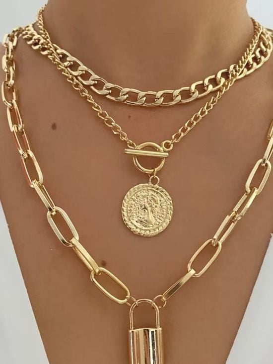 2 x Layered Coin & Lock Pendant Necklace Set Gold