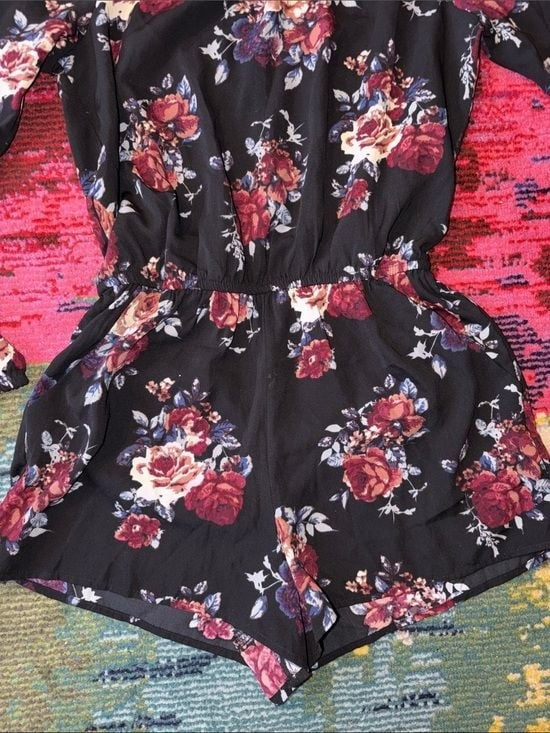 one clothing Black Floral Romper with Burgundy and Cream Roses