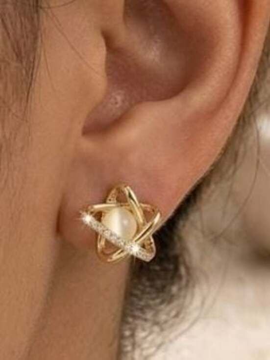 Gold Orbit Pearl Stud Earrings - Women's Gold and Ivory Pearl