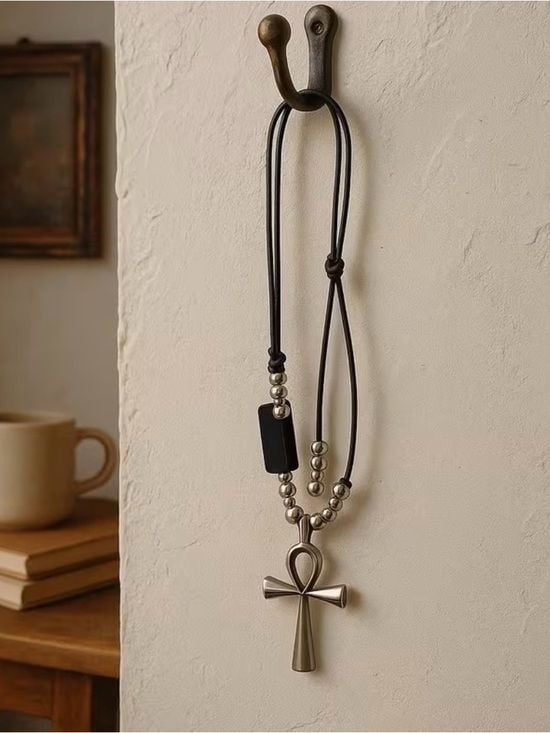 Black Leather Cord Necklace with Silver Ankh and Bead Accents