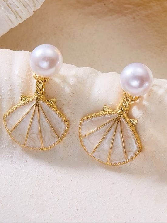 Gold-Trim Pearl & Shell Drop Earrings - White