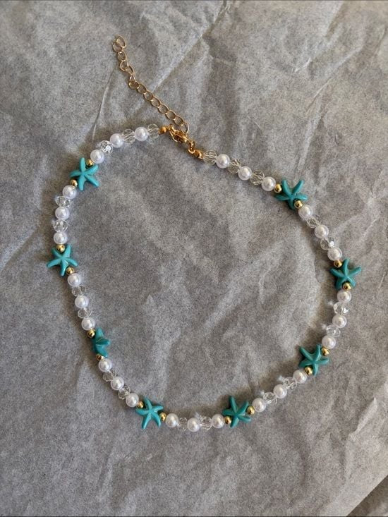 Turquoise Flower & Pearl Beaded Choker Necklace