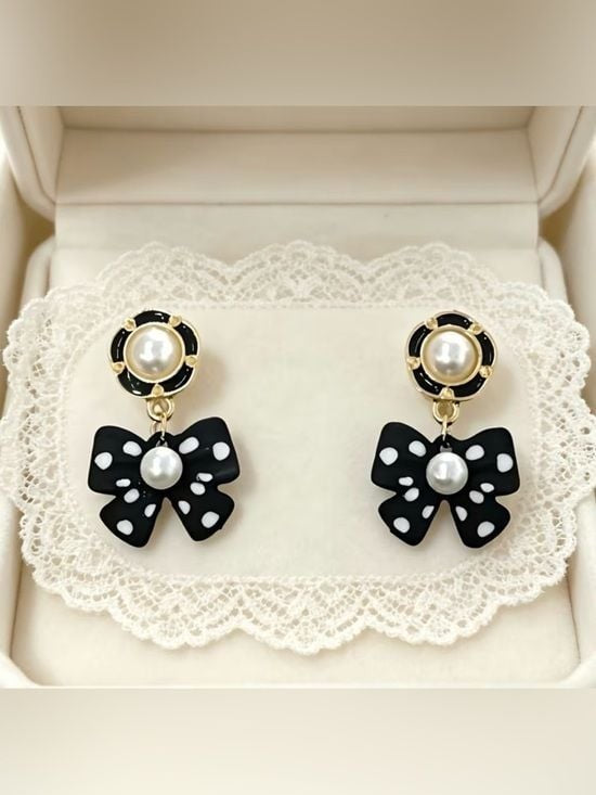 Black White Polka Dot Bow Drop Earrings with Pearl Detail