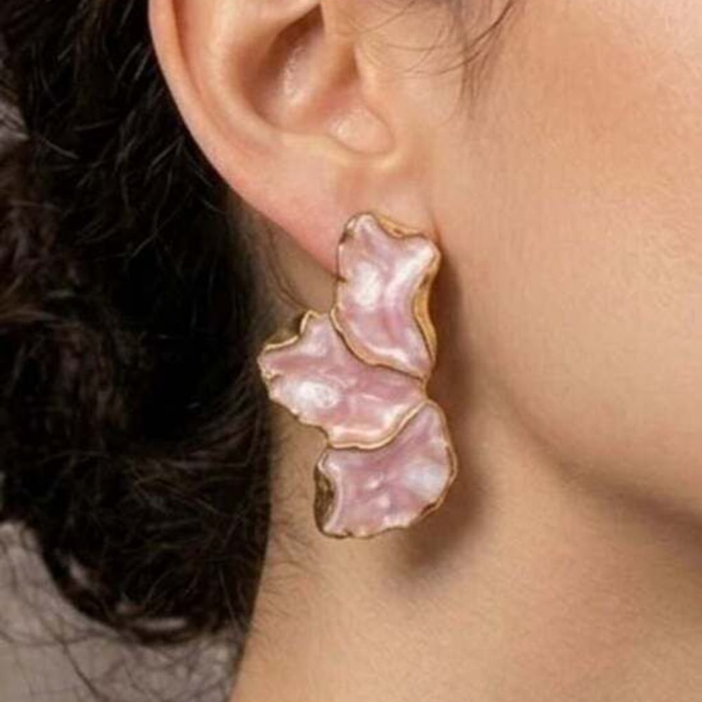 Elegant Pink Shell Petal Drop Earrings - Gold Trim