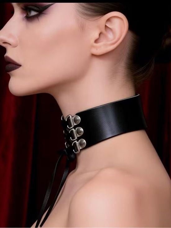 Black Faux Leather Lace-Up Gothic Choker Necklace