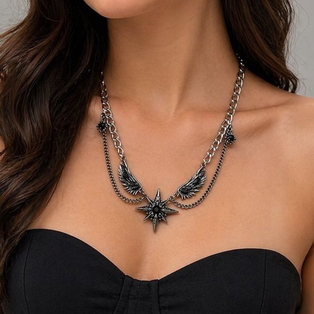 Antique Silver Star & Wing Layered Pendant Necklace