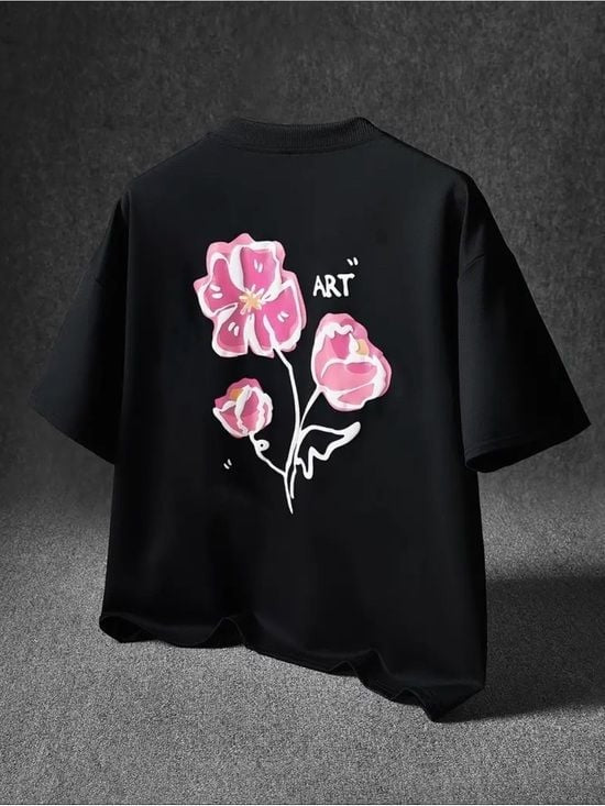 Embossed Black Tee with Pink Floral 'ART' Graphic Large