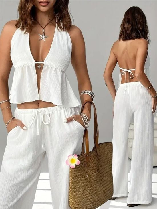 [CURATED] OUTFIT & EARRINGS White 2-Piece Lounge Set Sz Small + Pearl Shell Earr