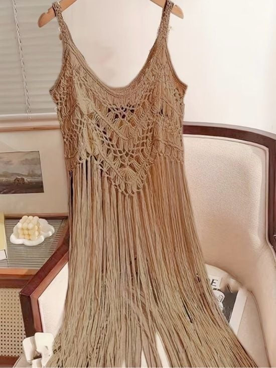 Beige Crochet Fringe Mini Dress Cover-Up Tan OS