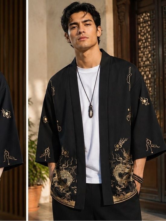 Black Dragon Printed Kimono Jacket Medium