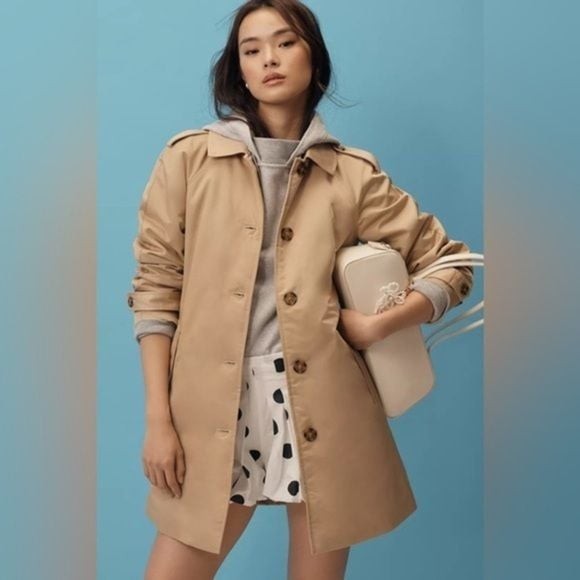 ELLEN TRACY Shirt Khaki Belted Hooded Trench Coat Sz Small