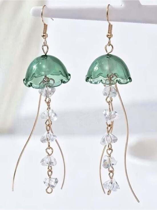 Gold-Tone Black Jellyfish Drop Earrings with Crystal Charms