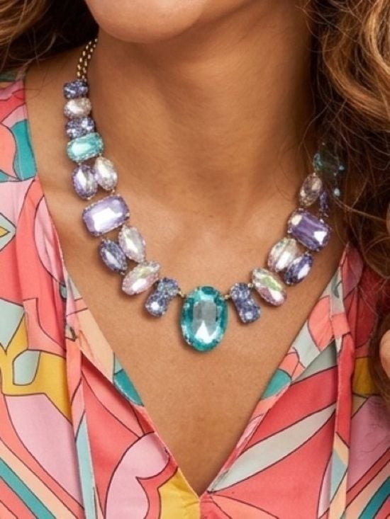 Statement Crystal Necklace in Blue and Aqua Tones