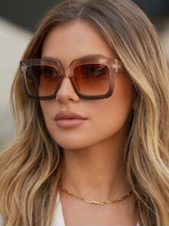 Gradient Clear-to-Black Square Sunglasses with Brown Lenses