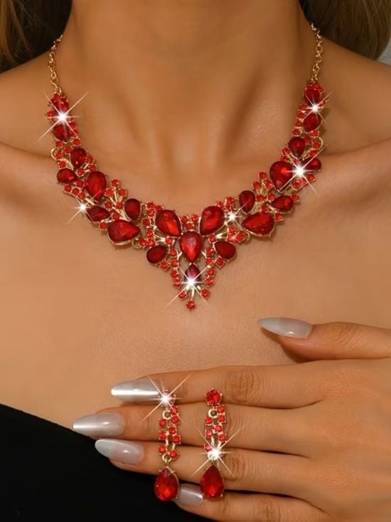 Gold-Tone Red Crystal Statement Necklace with Matching Earrings
