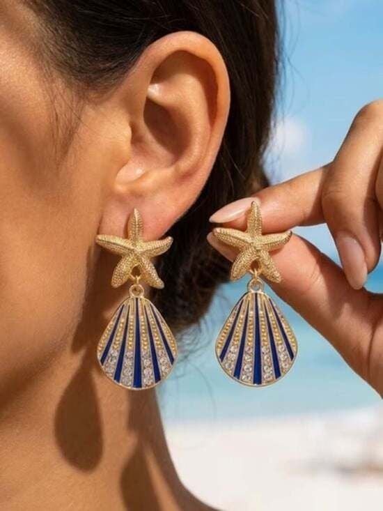 Vacation Themed Gold Blue Shell Earrings with Blue Enamel Shells