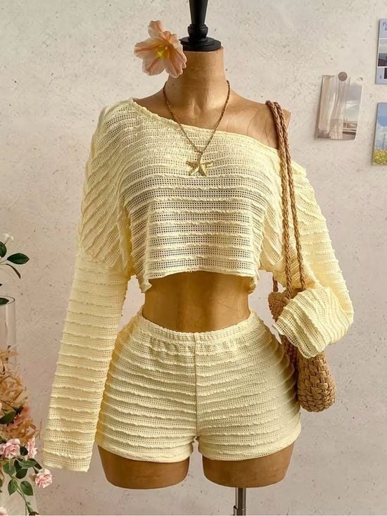 Light Yellow Knit Lounge Shorts - Soft Summer Women Shorts Top Set Medium