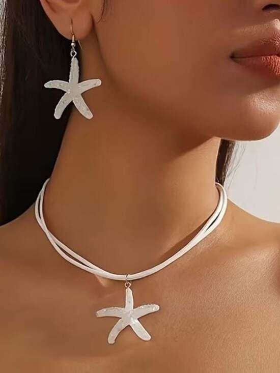 Starfish Necklace and Earrings Jewelry Set - White
