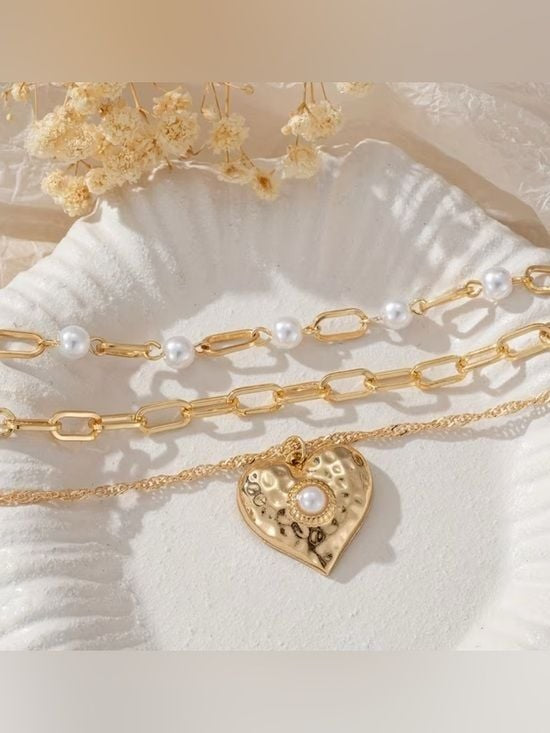 2 x  Layered Heart Pendant Necklace with Pearl Accents - Women Jewelry