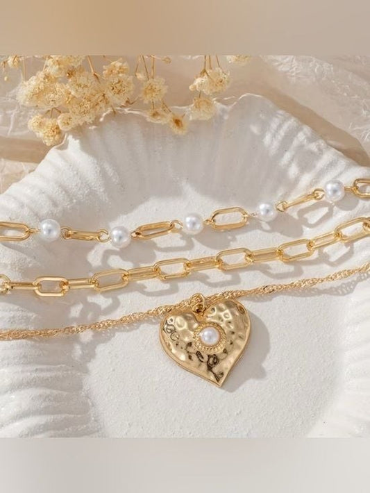 2 x  Layered Heart Pendant Necklace with Pearl Accents - Women Jewelry
