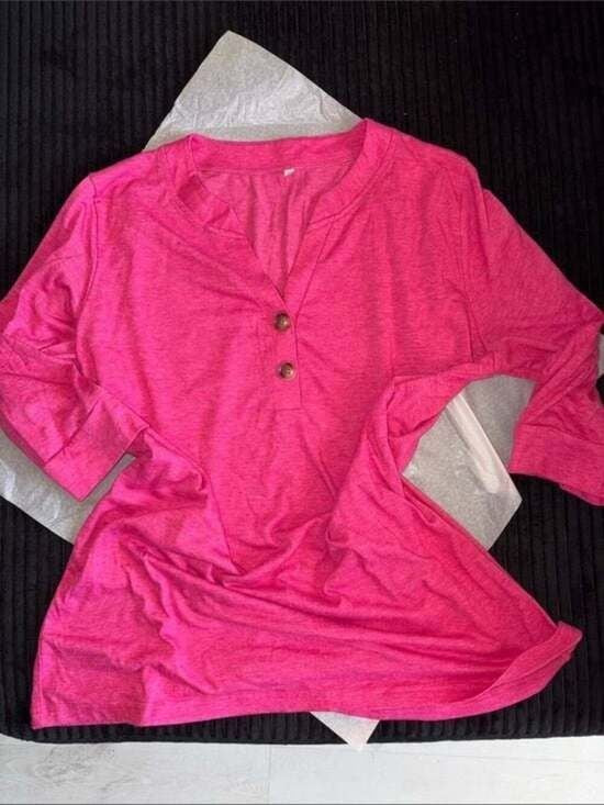 Women's Hot Pink Henley 3/4 Sleeve Top Button Detailed Top Medium